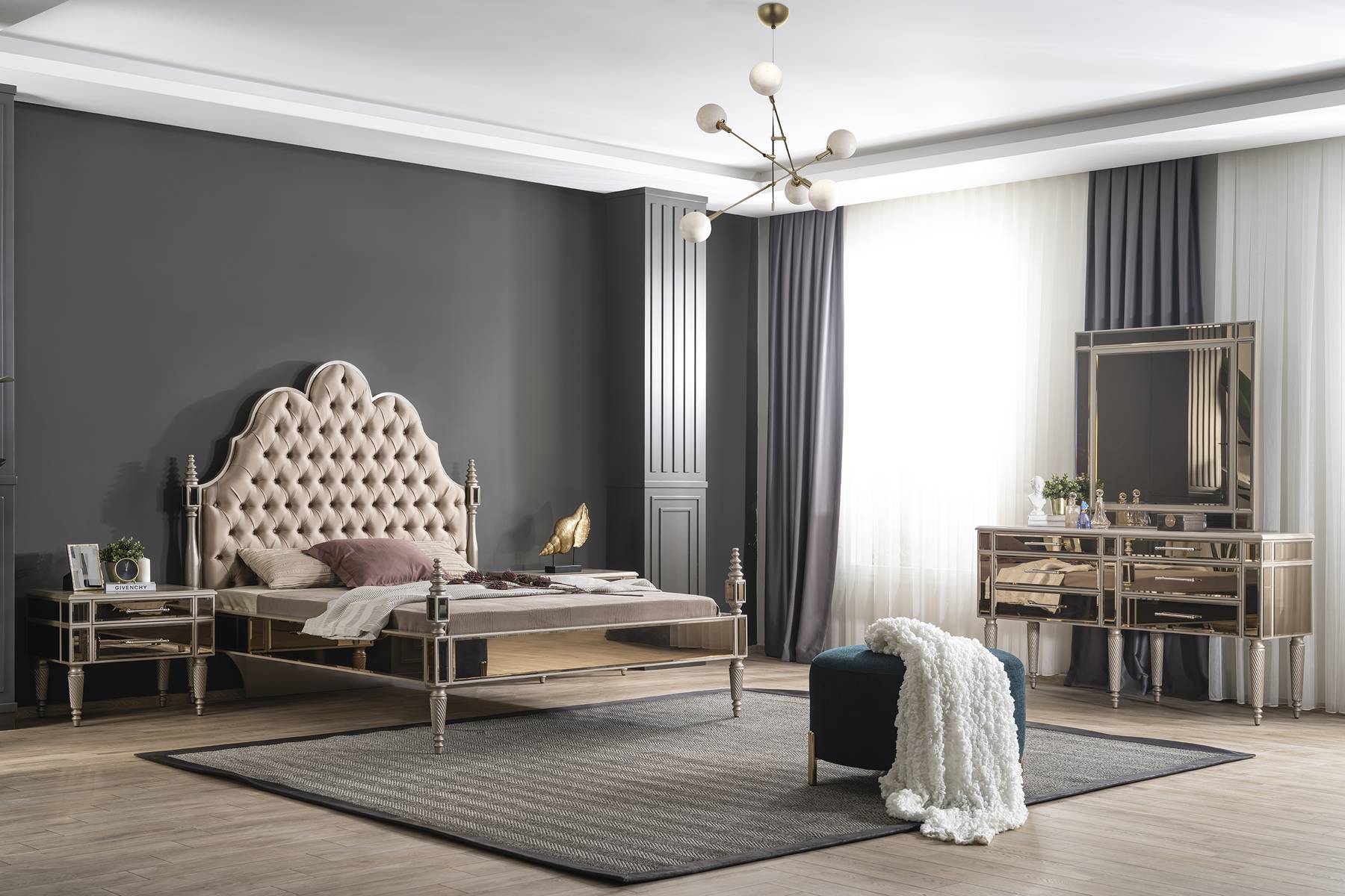 Moderne Schlafzimmer Garnitur Luxus Chesterfield Bett 2x Nachttische