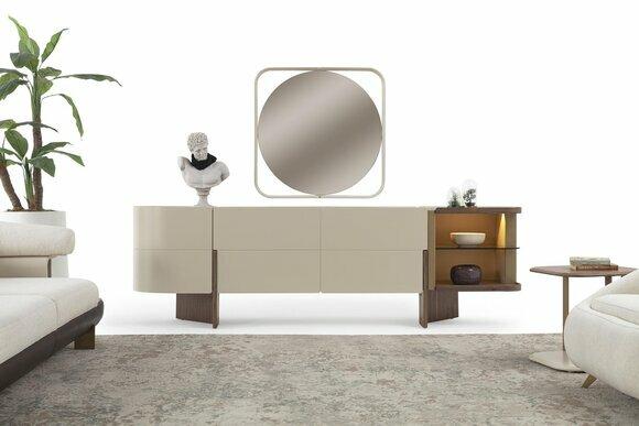 Weiß-Braune Anrichte Designer Sideboard Luxuriöser Glas Spiegel 2tlg Set