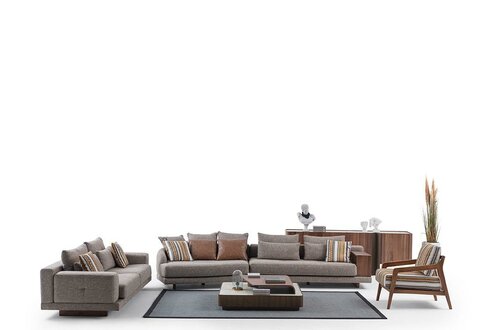 Graue Wohnzimmer Sofas Stoffsofas Designer Sessel Holz Couchtisch 5tlg.